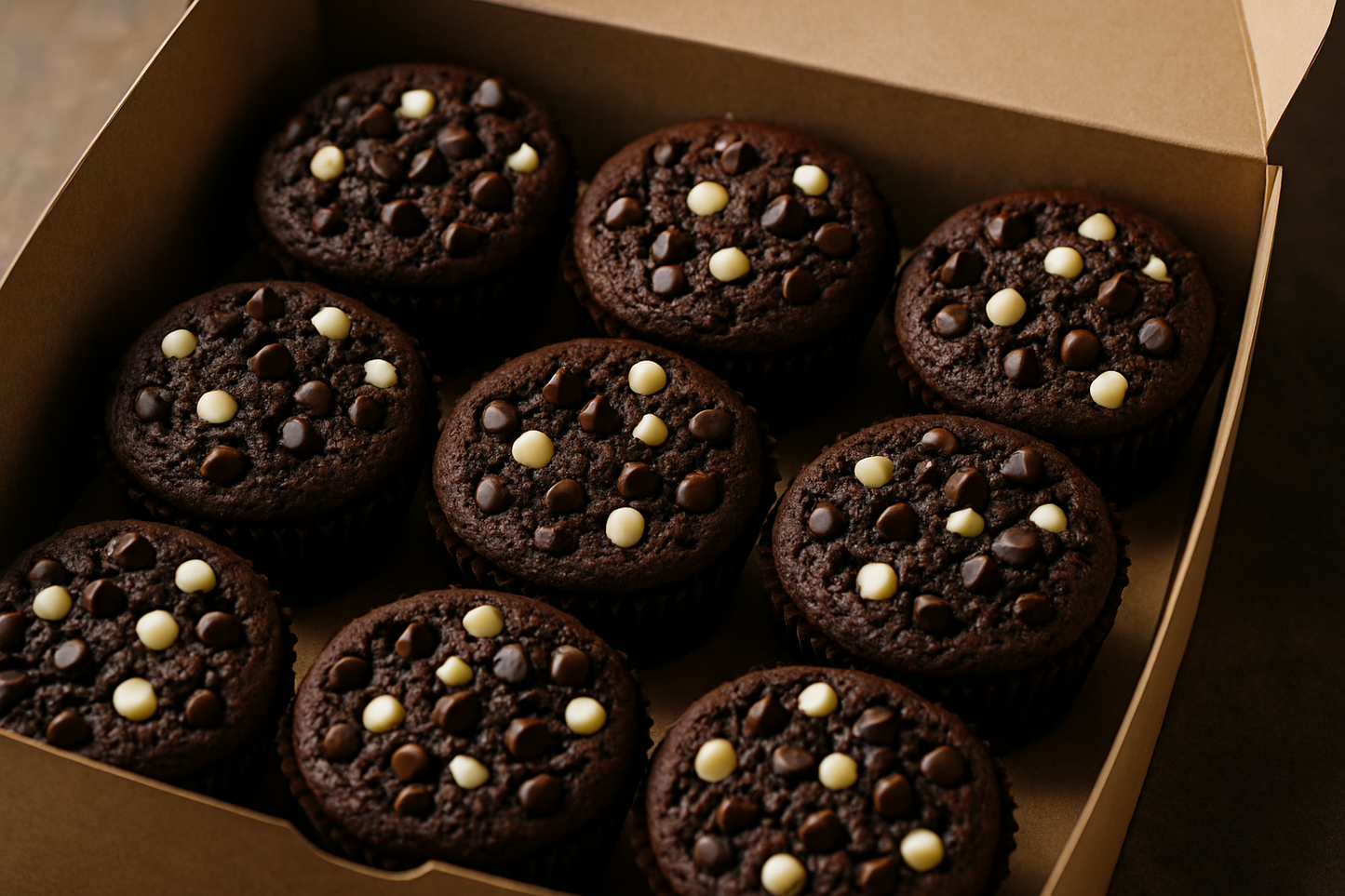 make a chocolate cupcakes with black and white chocochip and without icing in a box