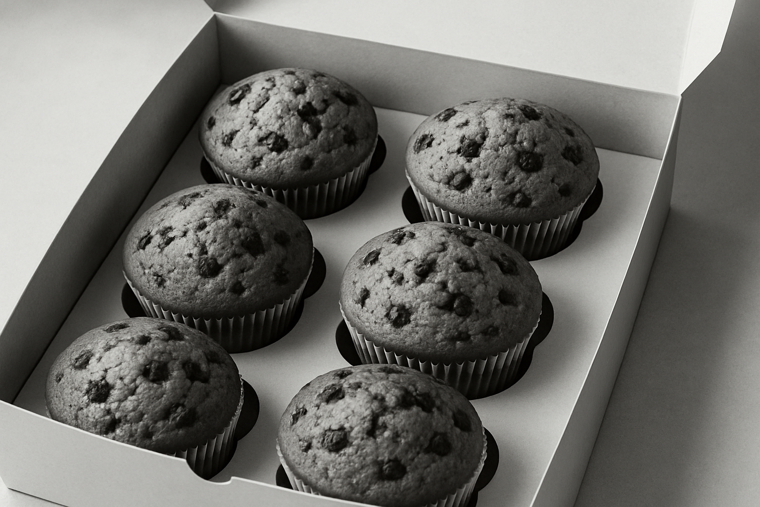 just makea a black and white chocochip cupcakes without any icing and make a 6 pcs cupcakes box