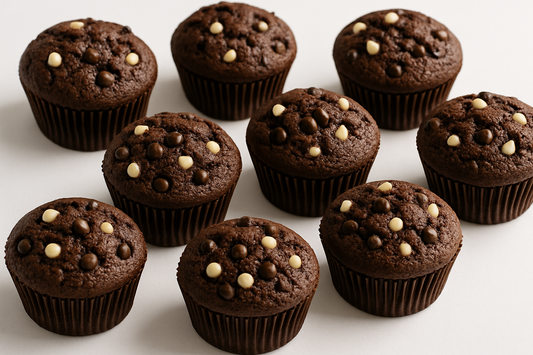 make 8pce chocolate cupcakes with black and whie chocochip and without icing